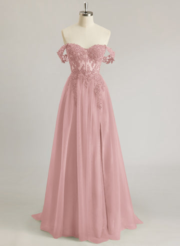 A-line Off the Shoulder Sweep Train Tulle Prom Dresses With Sequins Appliques Lace Beading